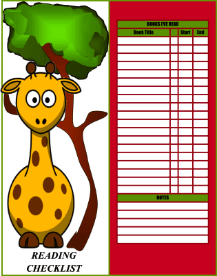 Giraffe Reading Checklist Bookmark bookmark